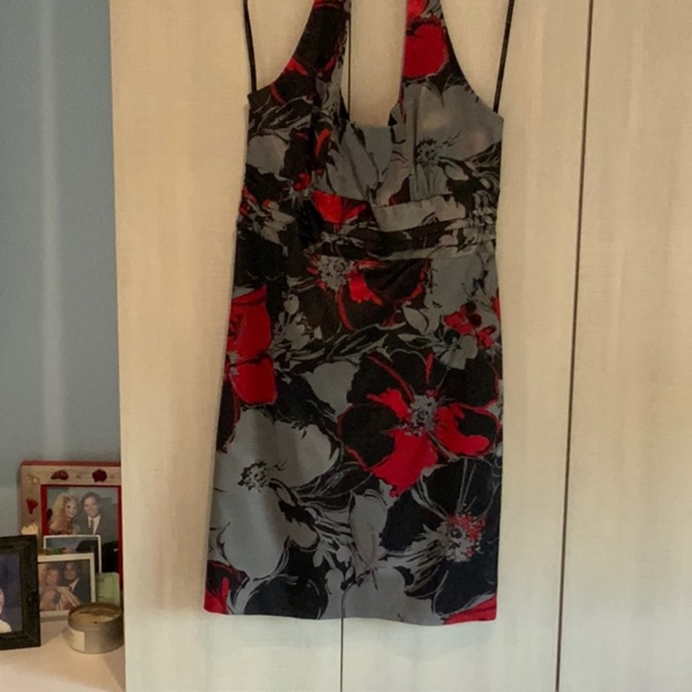 David Meister gorgeous red and black print halter dress size 12